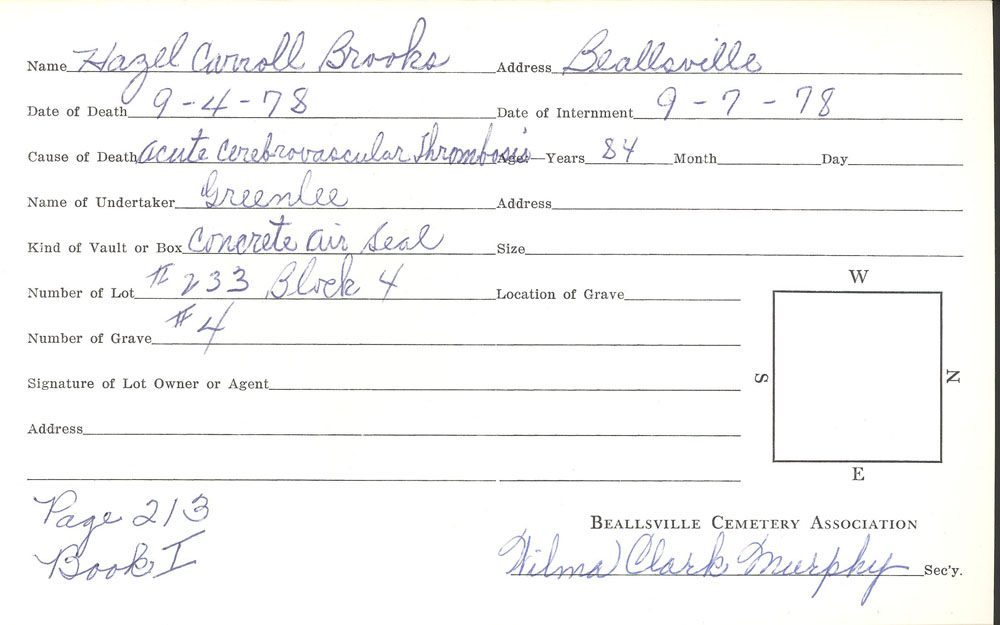 Hazel Carroll Brooks burial card